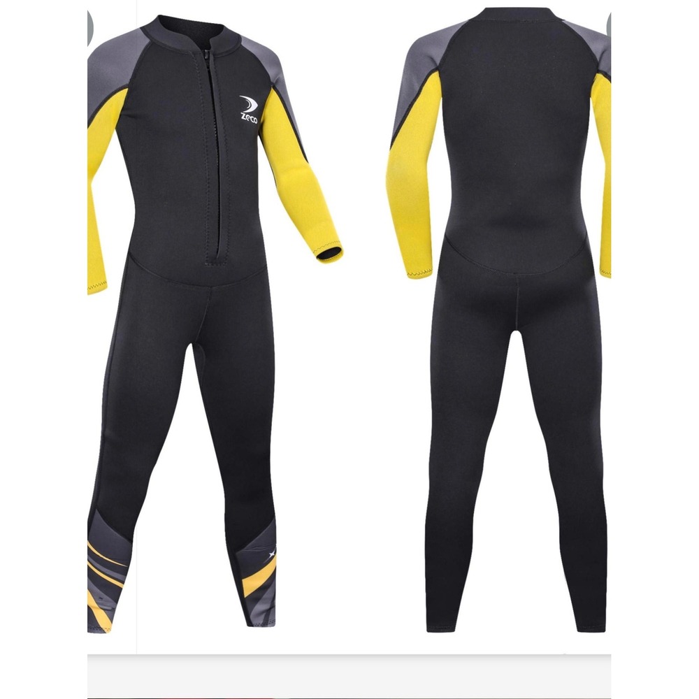 ZCCO Full Wetsuit Kids Size S Black Yellow New Front Zip 2mm Neoprene KF305